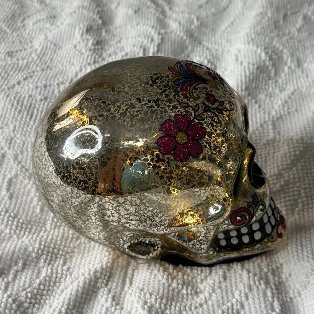 Mercury Glass Sugar Skull Light Up Gold Glitter Floral Dia de los Muertos 6in